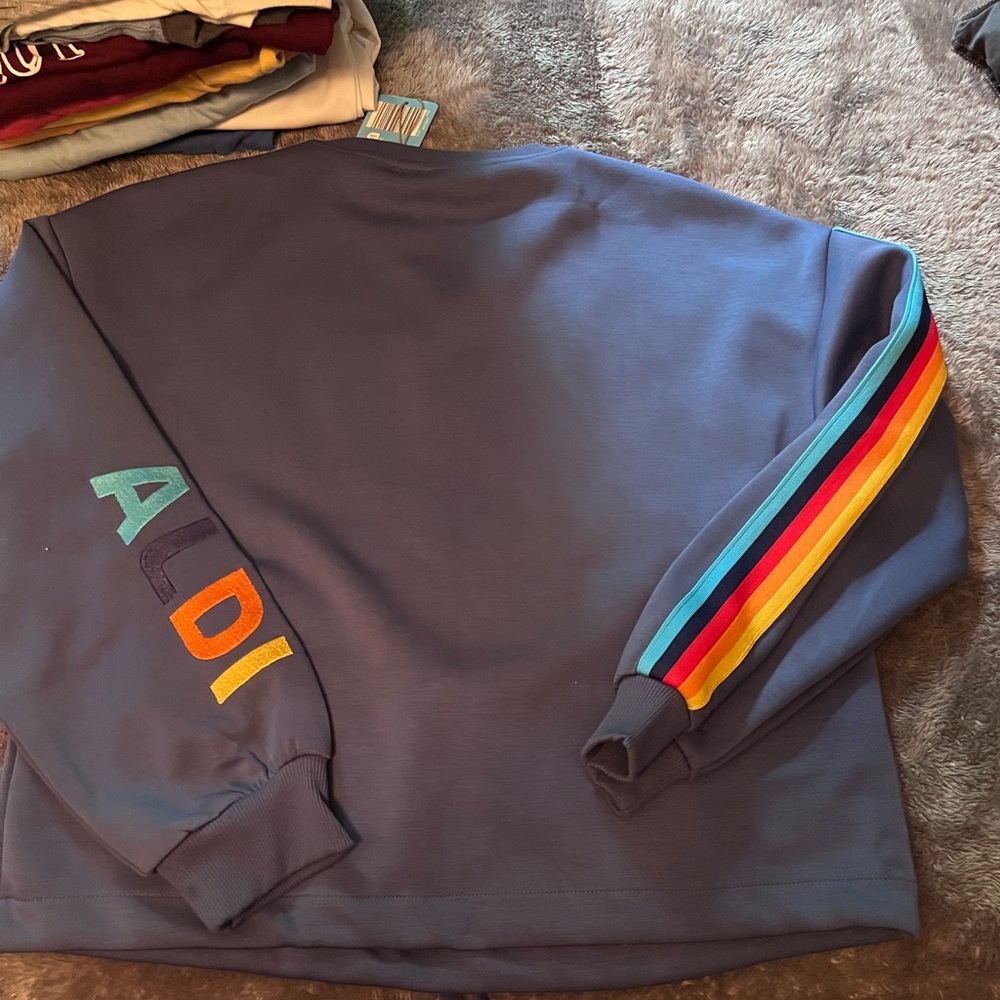 Women's Blue Sweatshirt with Colorful Sleeve Stripes